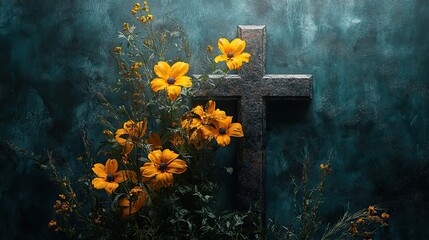 Poster - cross with yellow flowers on black background 3d render vintage style