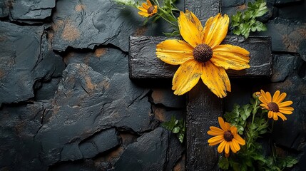 Poster - cross with yellow flowers on black background 3d render vintage style