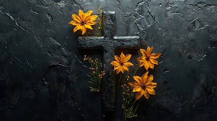 Poster - cross with yellow flowers on black background 3d render vintage style