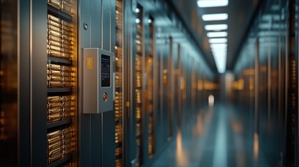 Poster - Modern Data Center Interior with Rows of Server Racks and Control Panel Lit with Soft Golden Lighting