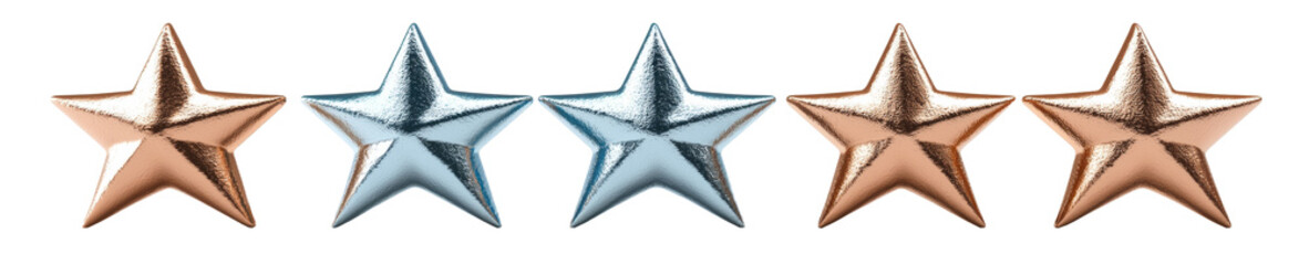 Wall Mural - Row of five stars with one of them being gold and the others being silver, isolated
