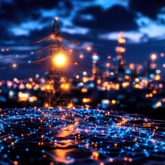 Poster - Captivating night cityscape with a glowing futuristic skyline and luminous reflections in the water  The modern dynamic architecture and vibrant lights create a mesmerizing dreamlike atmosphere