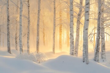 Wall Mural - a serene winter forest at dawn, snow-laden branches glowing in soft golden light, mist hovering between white birch trees, pristine snowdrifts creating gentle curves beneath