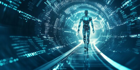 Digital humanoid walks through a technological tunnel of binary code