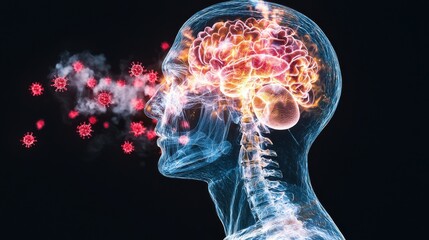 Poster - digital 3d render of the human brain anatomy glowing with neon colors surrounded by abstract covid 1