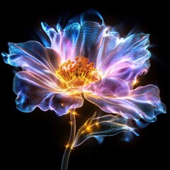 Poster - Mesmerizing Glowing Flower   Vibrant Ethereal Botanical Digital Art with Cosmic Fractal Lighting Effects  Surreal and psychedelic floral image with iridescent holographic