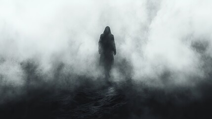 Aufkleber - digital painting of man silhouette walking in the fog monochrome digital painting in black and white