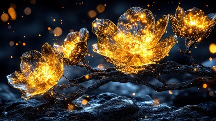 Poster - Glowing golden floral crystals in an enchanting winter wonderland scene with magical lighting and icy atmosphere  Captivating abstract nature background with sparkling shimmering