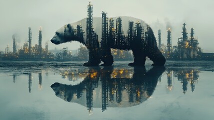 Poster - double exposure of a polar bear in oil and gas industry the concept of environmental pollution