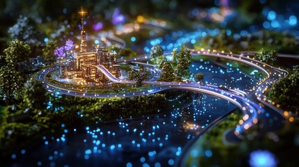 Poster - futuristic illuminated cityscape in panoramic night view with glowing skyscrapers and towers concept