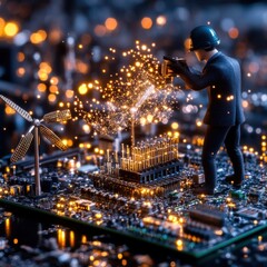 Poster - Captivating digital artwork depicting a magical explosion of futuristic electronic circuitry glowing lights and shimmering sparks