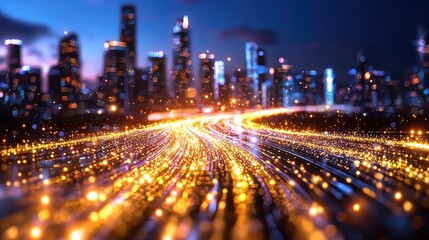 Poster - Dazzling night skyline of a vibrant futuristic megacity with towering illuminated skyscrapers blurred traffic on winding roads and a pulsing glittering metropolitan landscape  This dynamic