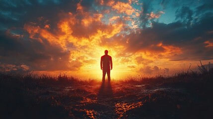 Poster - double exposure of man in worship and cross silhouette against sky background with clouds and light