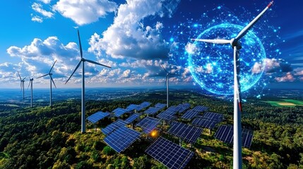 Poster - renewable energy technologies like wind turbines and solar panels powering the sustainable and digit