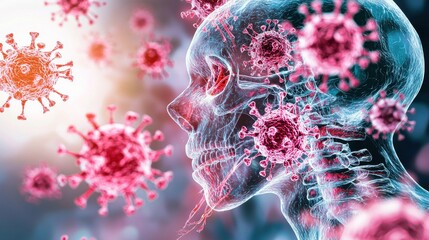 Poster - microscopic 3d of a covid 19 virus attacking human cells representing the ongoing global pandemic an