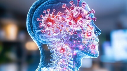 Poster - microscopic 3d rendering of the molecular structure and cellular biology of coronavirus disease covi