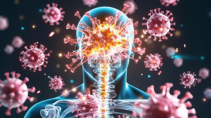 Poster - surreal 3d digital rendering of glowing dynamic coronavirus particles depicting the threat and uncer