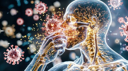Poster - Microscopic digital rendering of a futuristic neural network structure with viral microorganisms infecting the neurological system representing scientific research medical technology