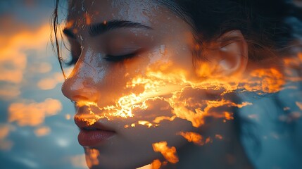 Poster - double exposure of woman face silhouette and sunset sky with clouds