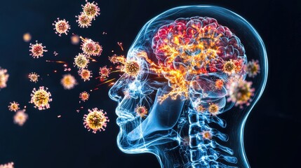 Poster - 3d render of microscopic coronavirus cells rapidly spreading and attacking the human brain in a conc