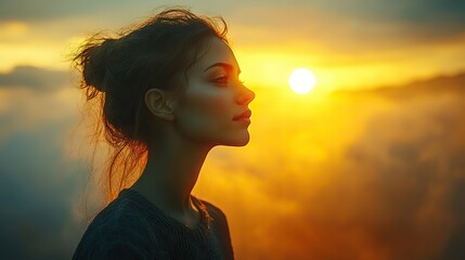 Poster - double exposure of woman in mountains and sun