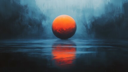Wall Mural - Enigmatic Orange Sphere Reflecting on a Calm Dark Blue Water Surreal Landscape Digital Art
