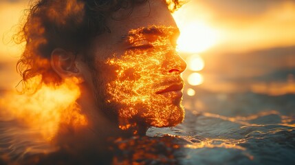 Poster - double exposure portrait of a man and rocks against the sunlight