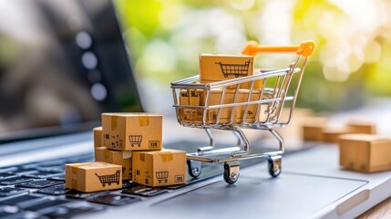 Poster - Online shopping cart and various delivery packages on a laptop computer representing the concept of e commerce digital retail and logistics in the modern business and startup workspace