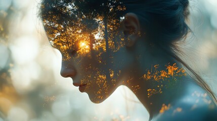 Fototapete - double exposure portrait of young woman with cross and forest in her head christian concept
