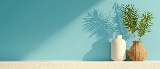 Poster - indoor plant arrangement with decorative vases against blue wall modern interior design tranquil atm
