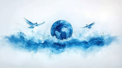 Poster - earth with flying dove on white background watercolor digital painting