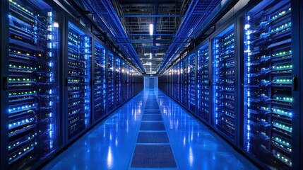 Poster - server room with rows of lit servers.