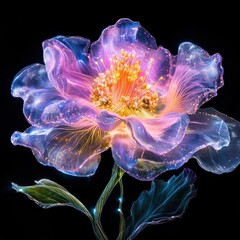 Poster - Enchanting Floral Bloom with Glowing Ethereal Petals in Fantasy Digital Art  Vibrant colorful and captivating digital of a mesmerizing flower with swirling translucent petals that emit a mystical