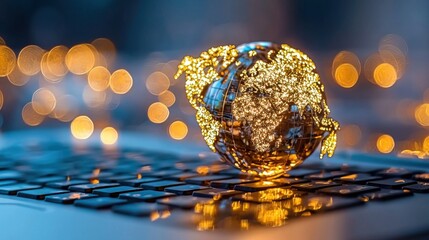 Poster - Glowing Digital Globe on Blurred Metallic Bokeh Background Representing Global Connectivity International Business and Technological Innovation