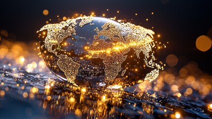Poster - Glowing holographic 3D rendered image of the Earth with interconnected continents highlighting the concept of global communication digital network and technological innovation