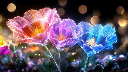 Poster - Vibrant Floral Illumination Captivating Prismatic Blossoms in Dreamlike Bokeh  A stunning digital art piece featuring ethereal glowing flowers in a mesmerizing otherworldly display of light and color