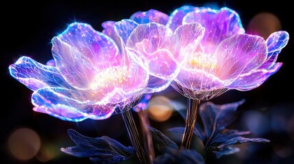 Wall Mural - Ethereal Floral Fantasy   Vibrant Glowing Blossom in Digital Art  Delicate dreamy and captivating flower with iridescent luminous petals against a dark background