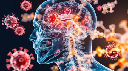Poster - microscopic digital rendering of coronavirus cells and molecular structure during the global pandemi