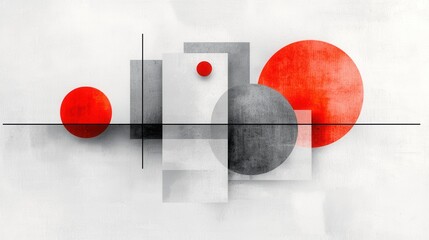 Poster - A striking minimalist abstract composition featuring a balanced arrangement of geometric shapes including contrasting red and gray spheres circles and other forms  The clean