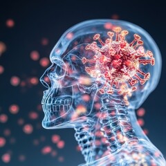 Poster - conceptual 3d rendering of the coronavirus spreading and infecting the human body visible through an