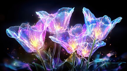 Poster - Captivating abstract floral imagery showcasing glowing translucent crystal like flowers blooming in a fantastical otherworldly cosmic landscape filled with vibrant shimmering energy and an enchanting