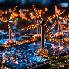 Poster - Illuminated Cityscape at Night with Glowing Skyscrapers and Digital Infrastructure  Futuristic and Modern Urban Landscape with Bright Lights Reflections