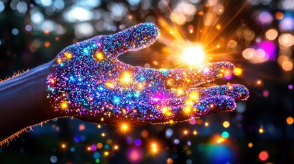 Poster - A hand emanating captivating shimmering glowing and iridescent energy sparks against a mystical otherworldly backdrop creating a sense of magic wonder and transcendence