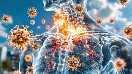 Poster - dangerous virus outbreak microscopic view of contagious covid 19 coronavirus cells in medical labora