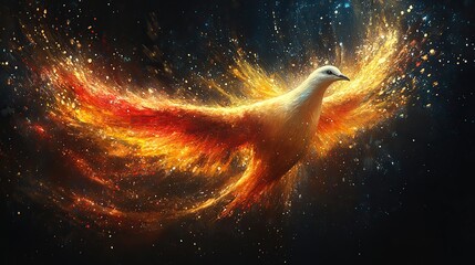 Poster - holy spirit dove in flames dove of peace on a black background with splashes of color