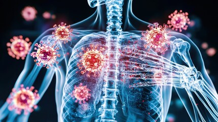 Poster - microscopic view of coronavirus covid 19 infection and its impact on global health economy and socie