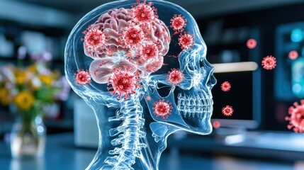 Poster - transparent human skull x ray with red virus cells attacking the brain tissue concept of medical res