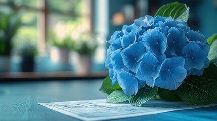 Aufkleber - hydrangea flower design on a bluebackground with architectural blueprint elements symbolizing growth and innovation in technology engineering or architecture