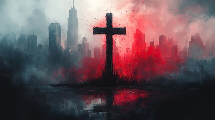 Aufkleber - illustration of a christian cross on a city background watercolor digital painting