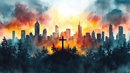Poster - illustration of resurrection of christ on modern city skyline watercolor illustration